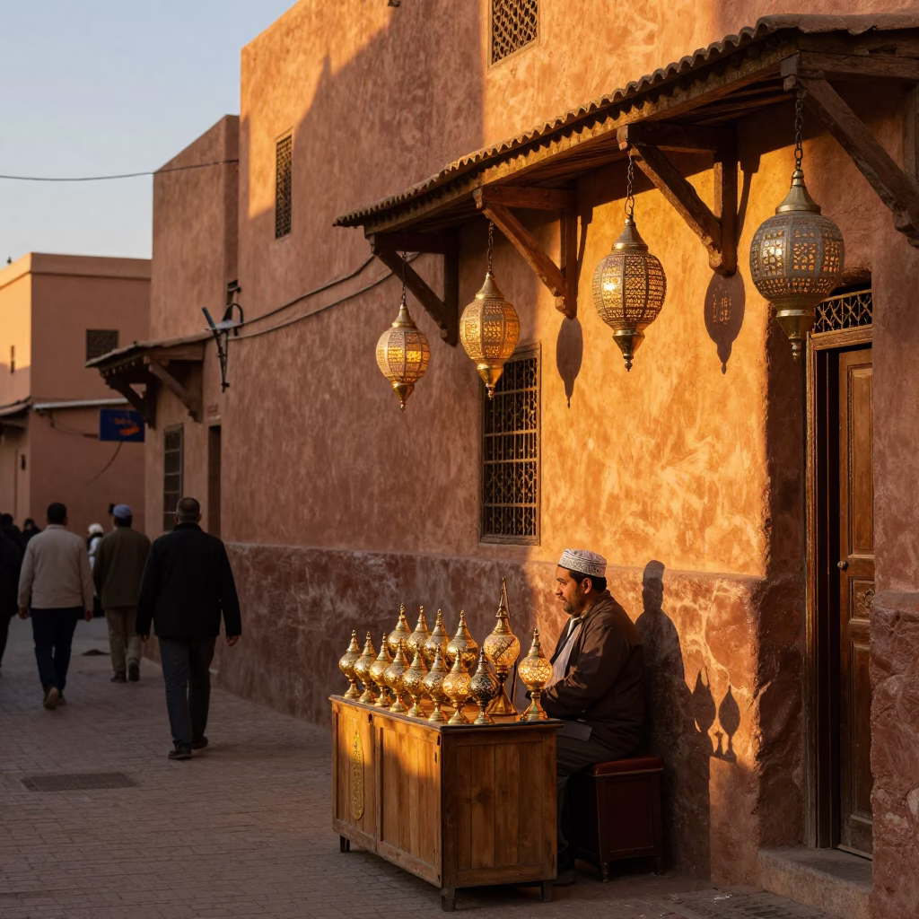Vibrant Marrakech Evening Street Scene with Traditional Lanterns and Local Commerce in in Marrakech, Morocco