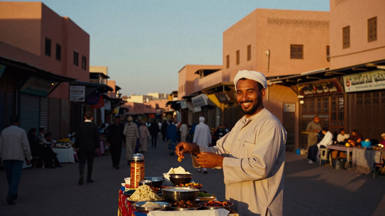 Vibrant Marrakech Evening Street Scene with Traditional Moroccan Food and Calligraphy Art in in Marrakech, Morocco