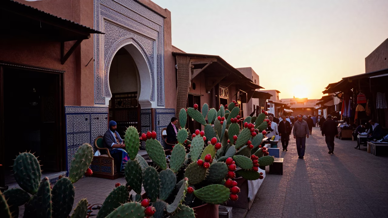 Vibrant Marrakech Souk Scene with Prickly Pear Cactus and Traditional Market Activity at Dusk in in Marrakech, Morocco