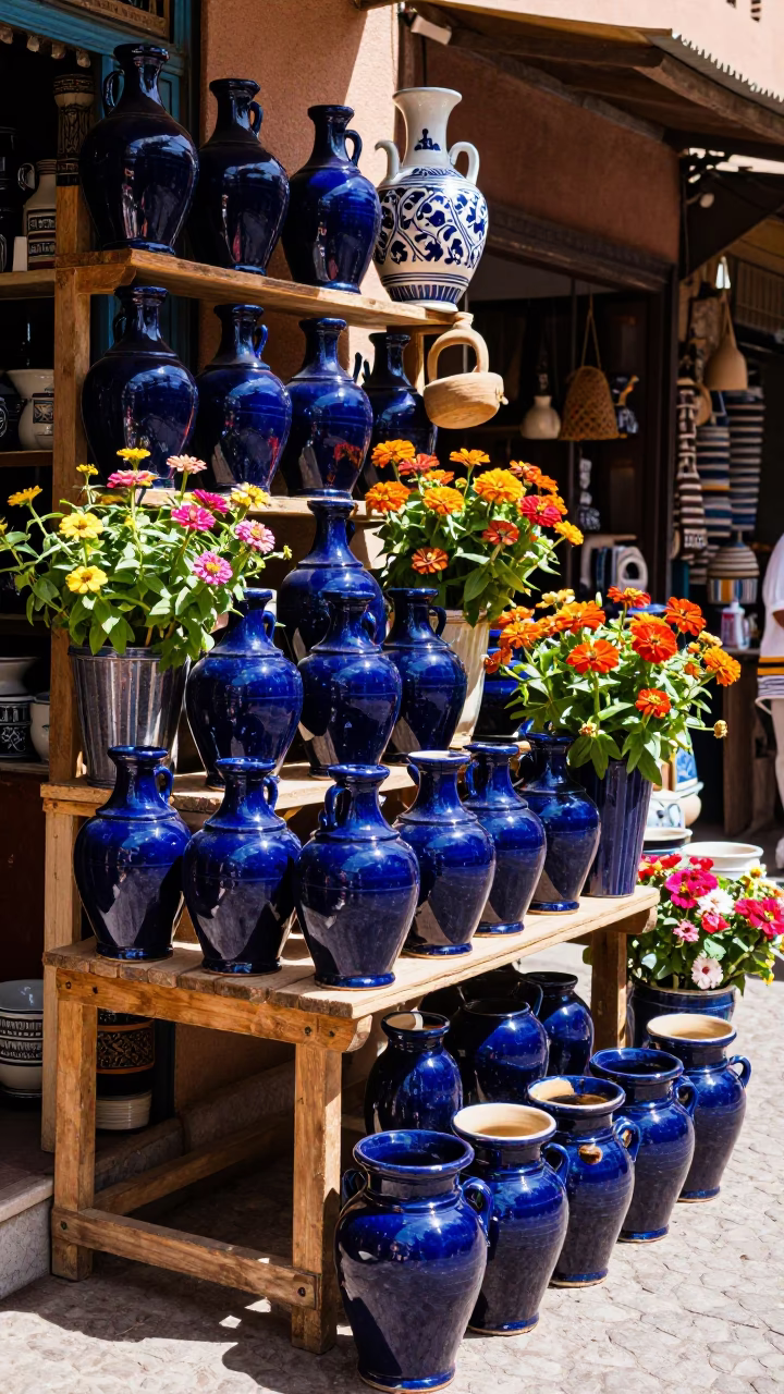 Vibrant Marrakech Souk Stall Displaying Ceramic Jars and Zinnias at Midday in in Marrakech, Morocco