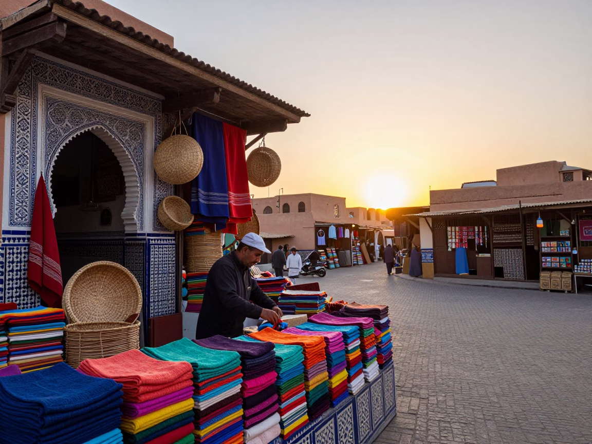 Vibrant Marrakech Souk Stall with Hand Towels and Rattan Stool at Sunset in in Marrakech, Morocco