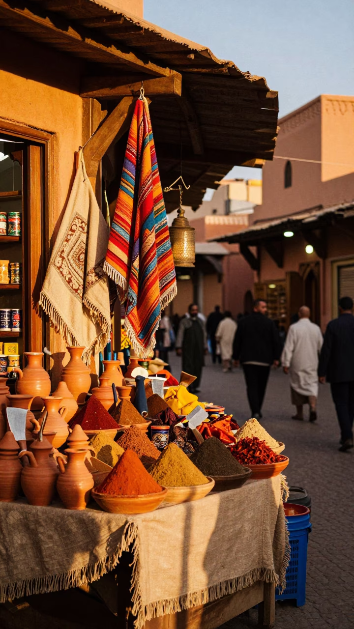 Vibrant Marrakech Souk Stall with Linen Fringe and Cleaver in Honeyed Evening Light in in Marrakech, Morocco