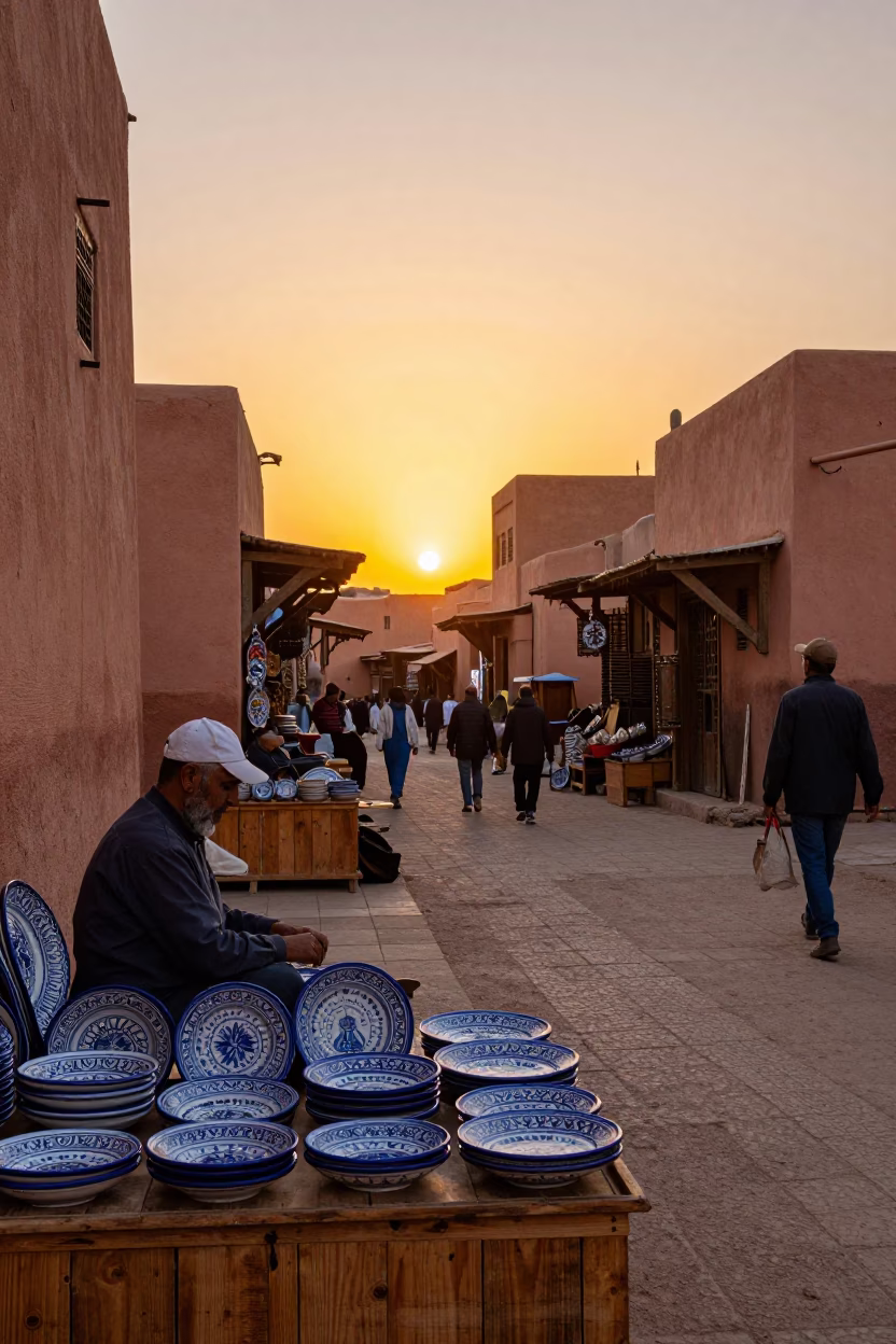 Vibrant Marrakech Souk Street Scene at Sunset with Vintage Majolica Plate Display in in Marrakech, Morocco