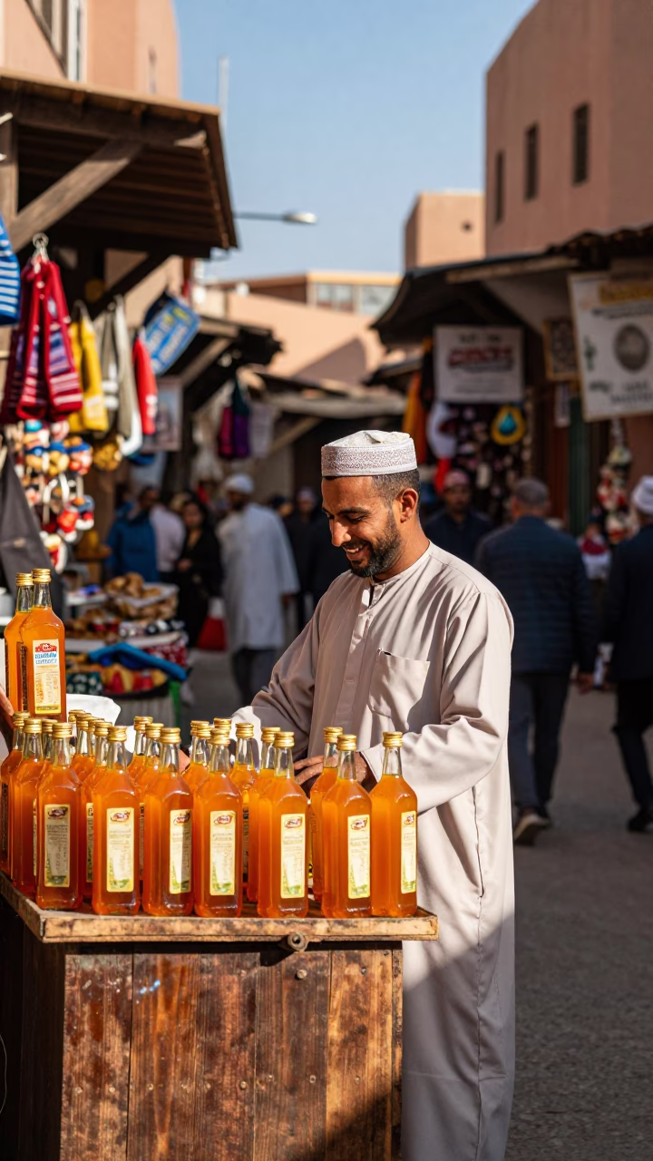 Vibrant Marrakech Souk Street Scene with Local Vendor and Wisteria Canopy in in Marrakech, Morocco
