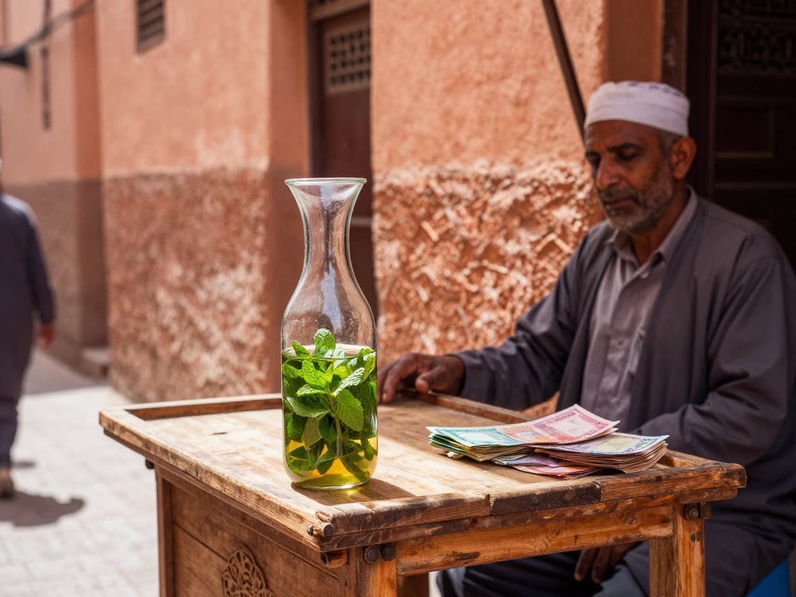 Vibrant Marrakech Street Scene with Glass Carafe and Cash Box in Bright Midmorning Light in in Marrakech, Morocco