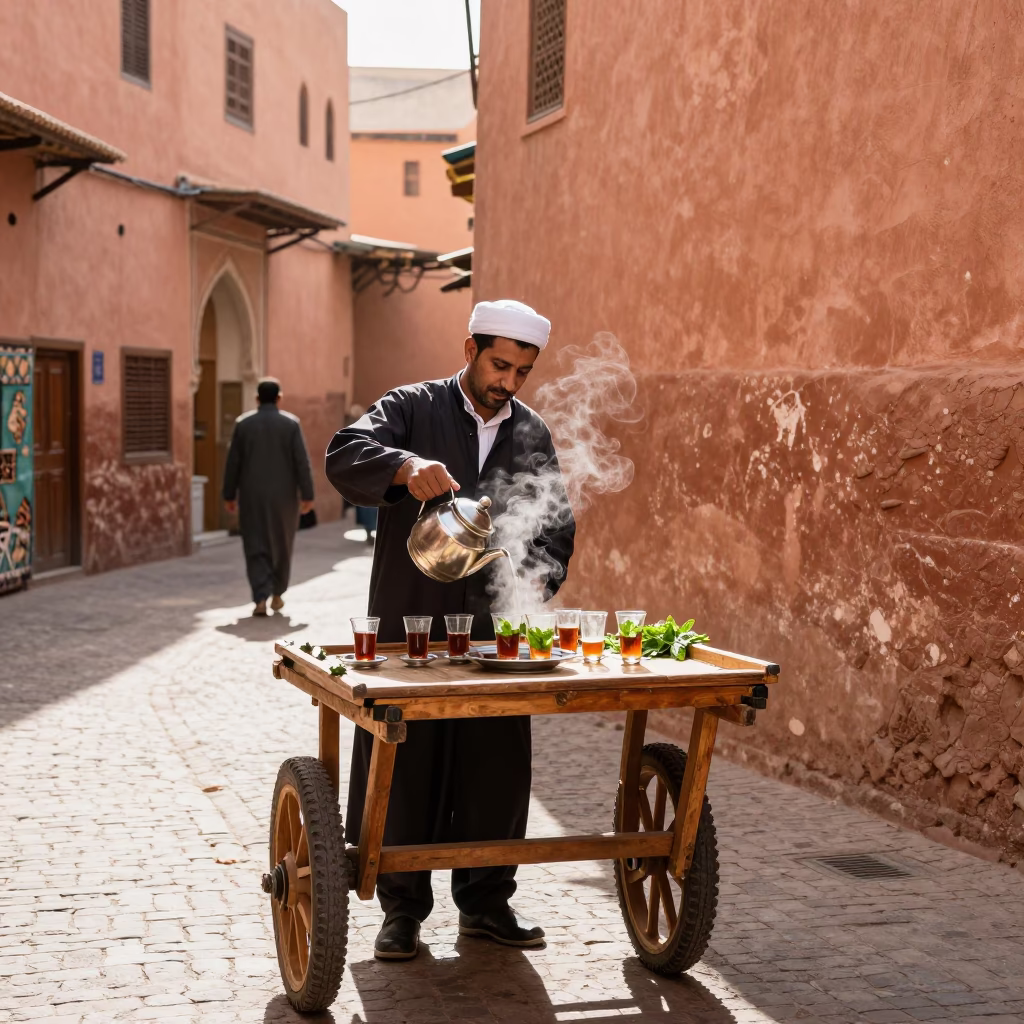 Vibrant Marrakech Street Scene with Traditional Tea Service and Local Commerce in in Marrakech, Morocco