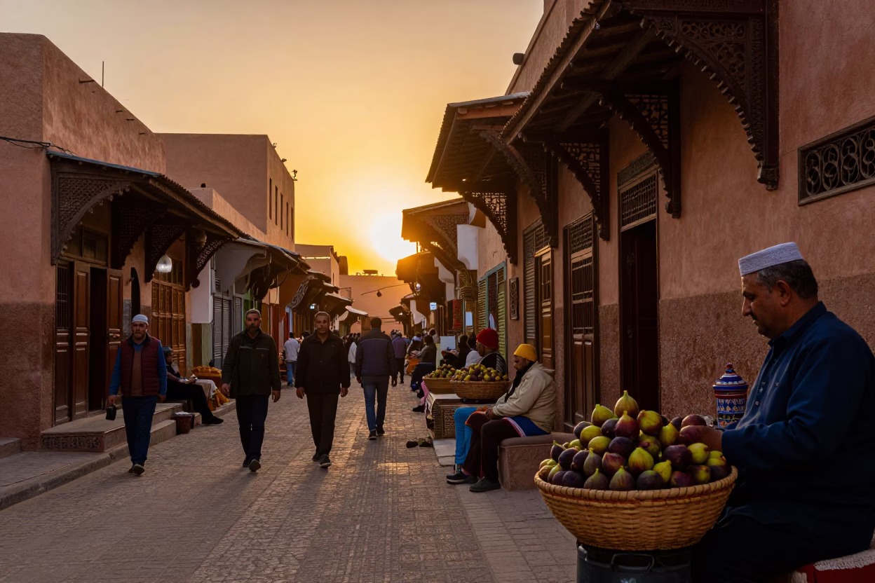 Vibrant Marrakech Sunset Street Scene with Figs and Traditional Souk Life in in Marrakech, Morocco