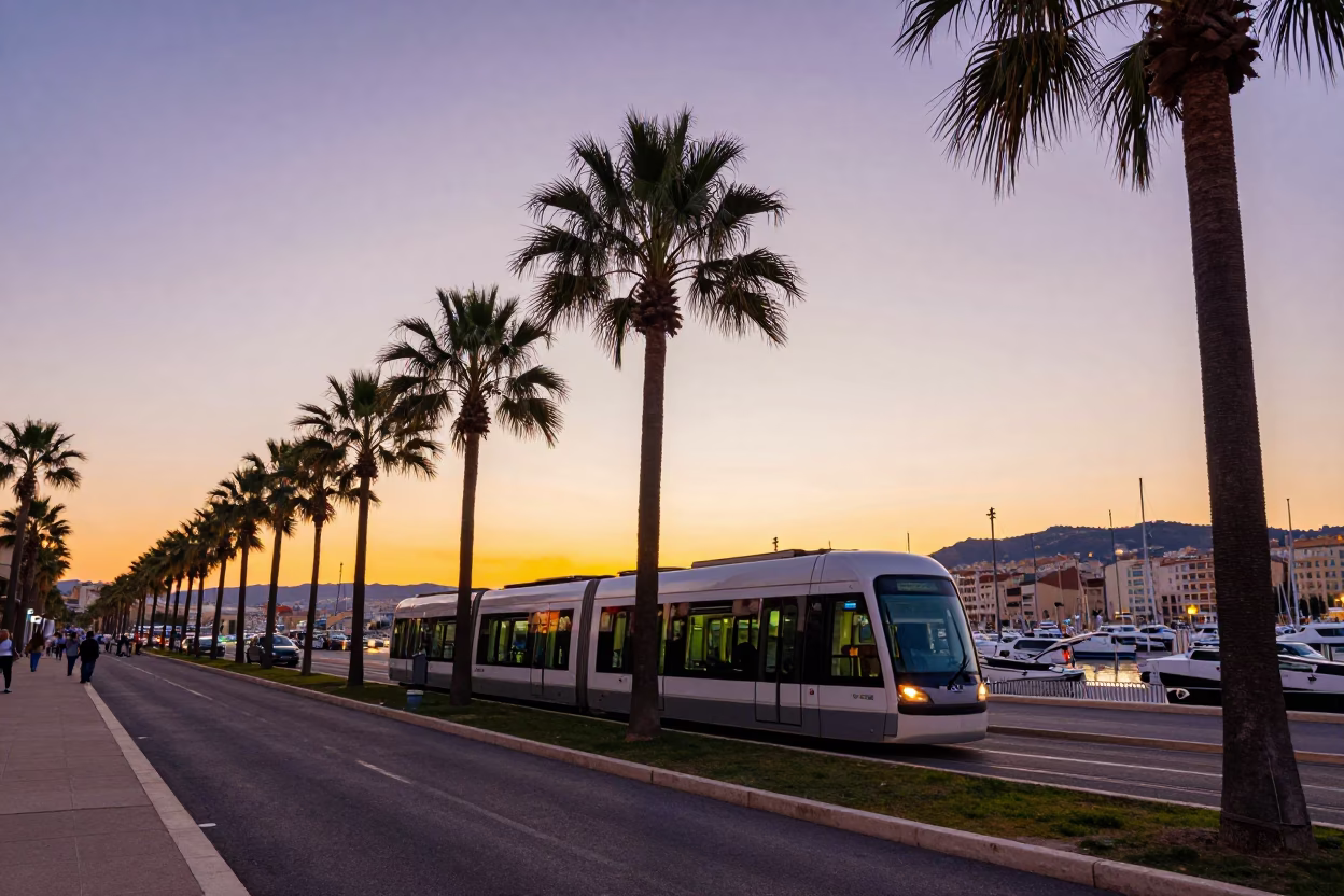 Vibrant Marseille Early Evening Street Scene with Monorail Palm Trees and Glass Towers in in Marseille, France