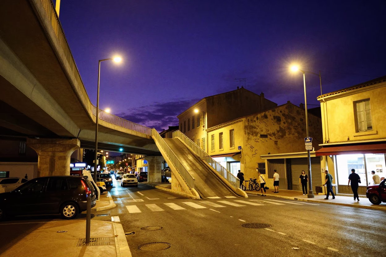 Vibrant Marseille Night Street Scene with Overpass and Local Market Activity in in Marseille, France