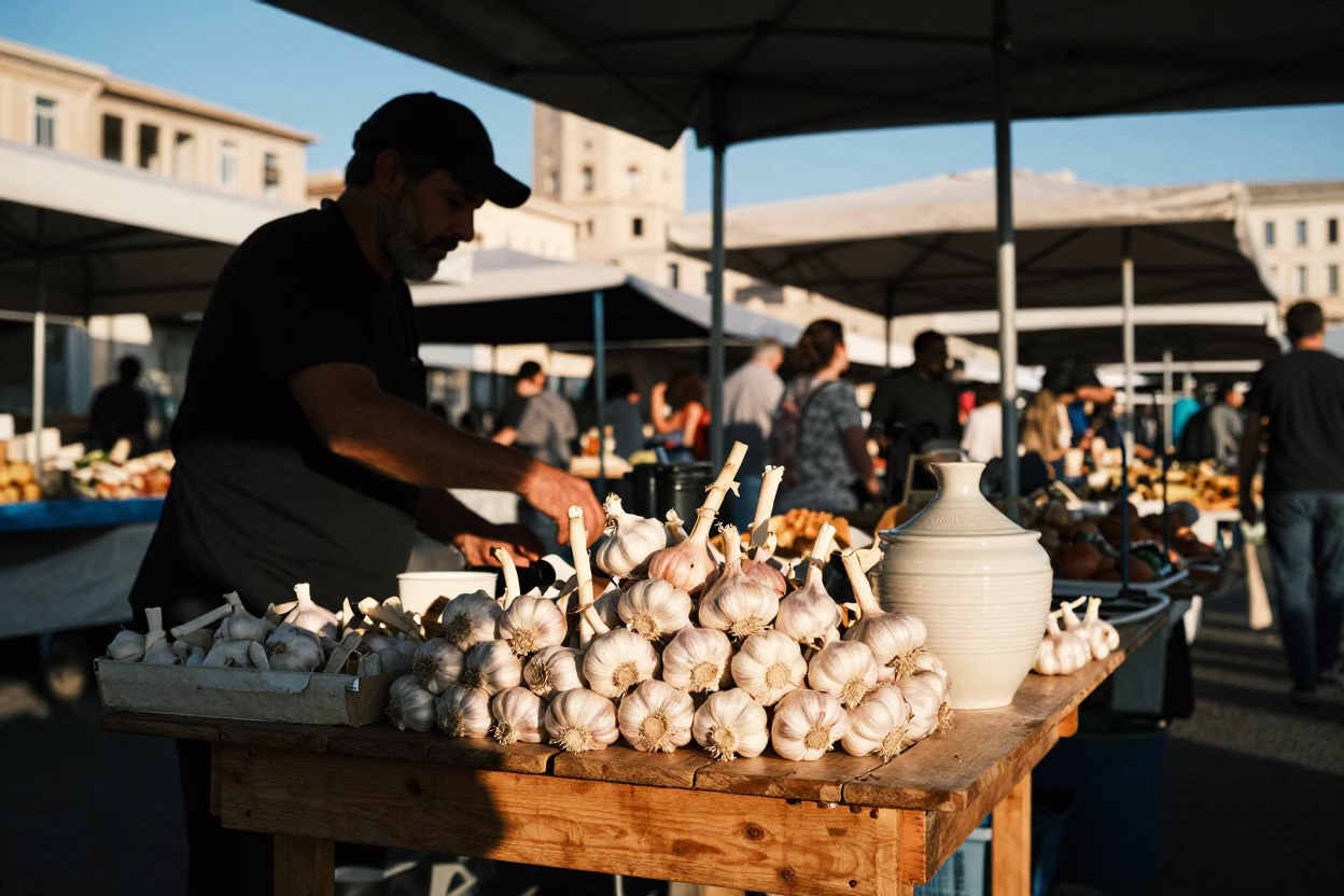 Vibrant Marseille Street Market in Late Afternoon Light with Garlic and Cannoli in in Marseille, France