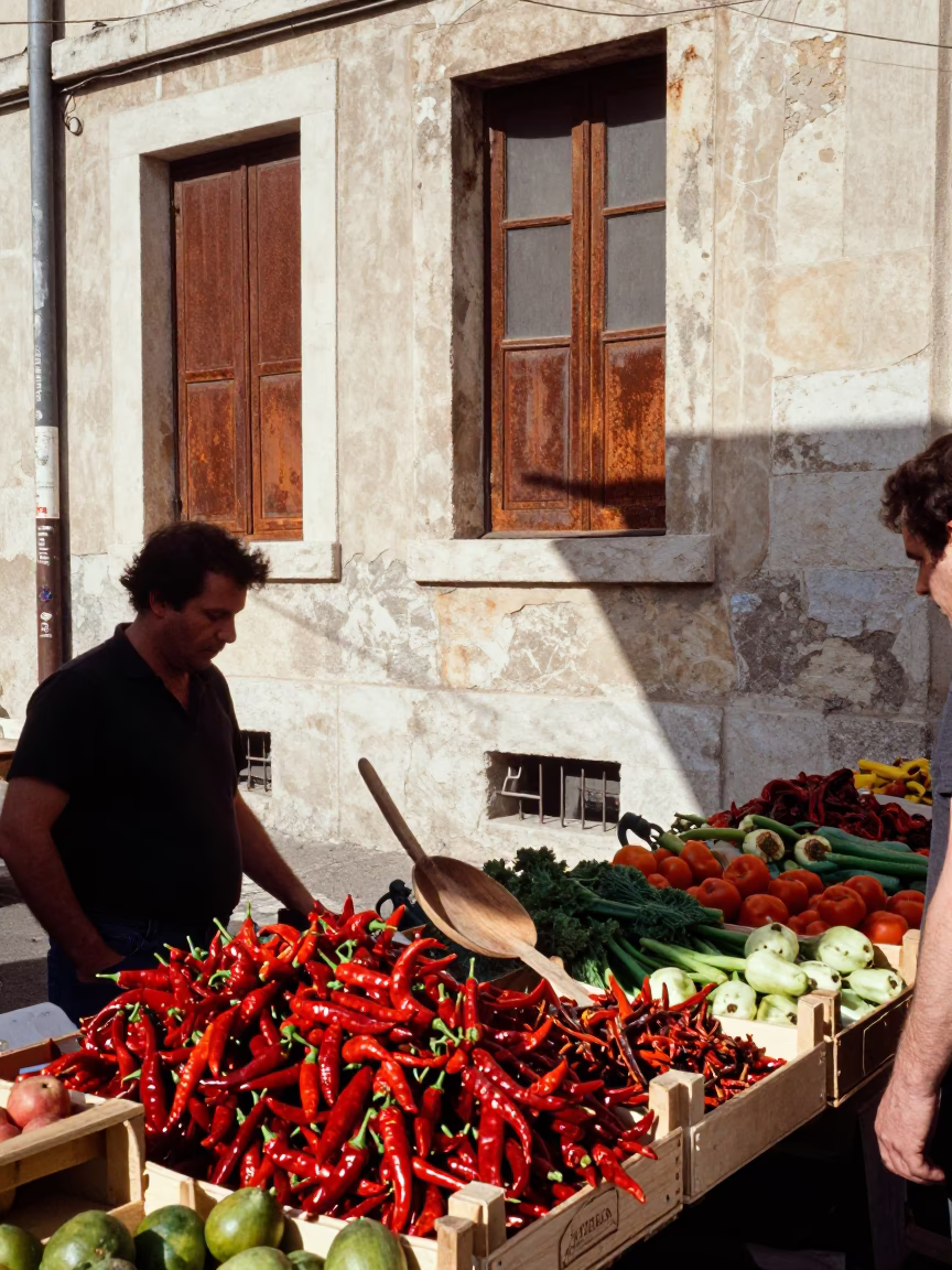 Vibrant Marseille Street Market Midday Scene with Rusty Windows and Colorful Produce in in Marseille, France
