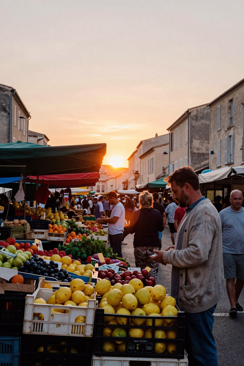 Vibrant Marseille Street Market Scene at Sunset with Local Vendors and Shoppers in in Marseille, France