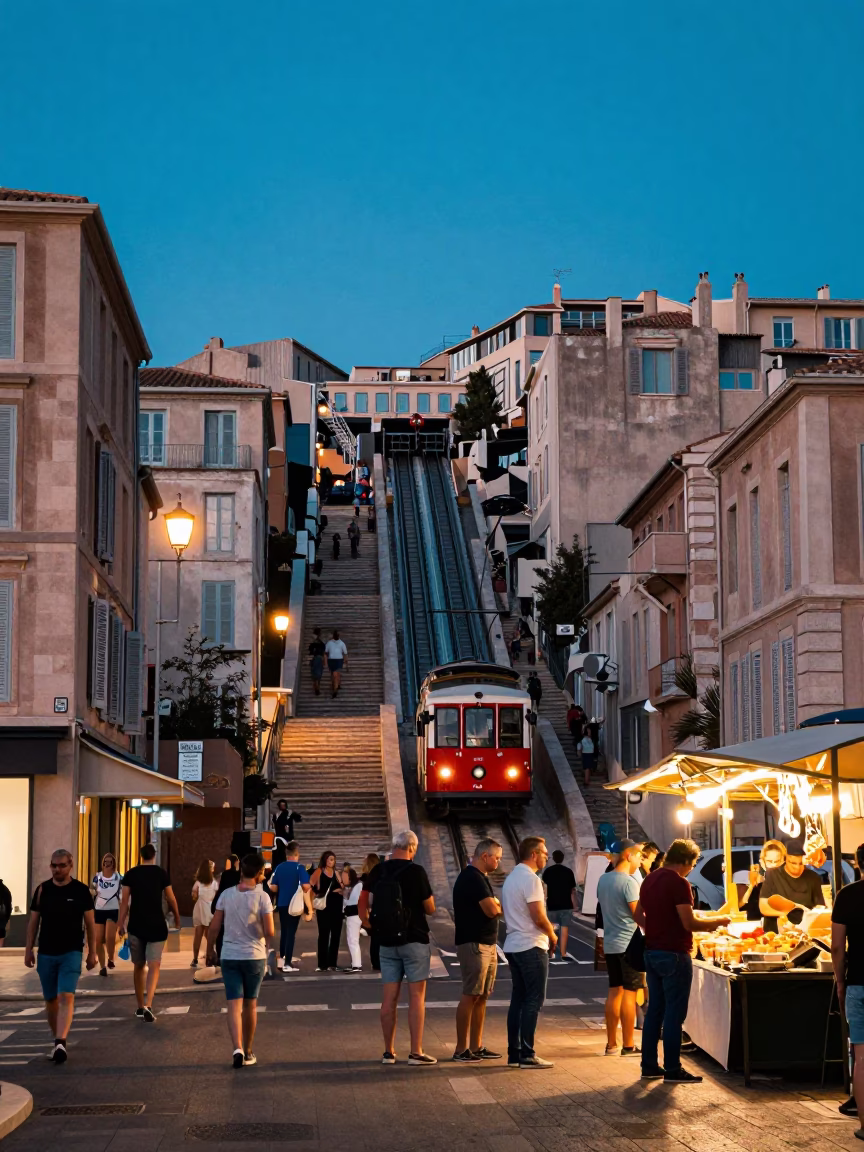 Vibrant Marseille Street Scene at Indigo Twilight with Funicular and Local Life in in Marseille, France