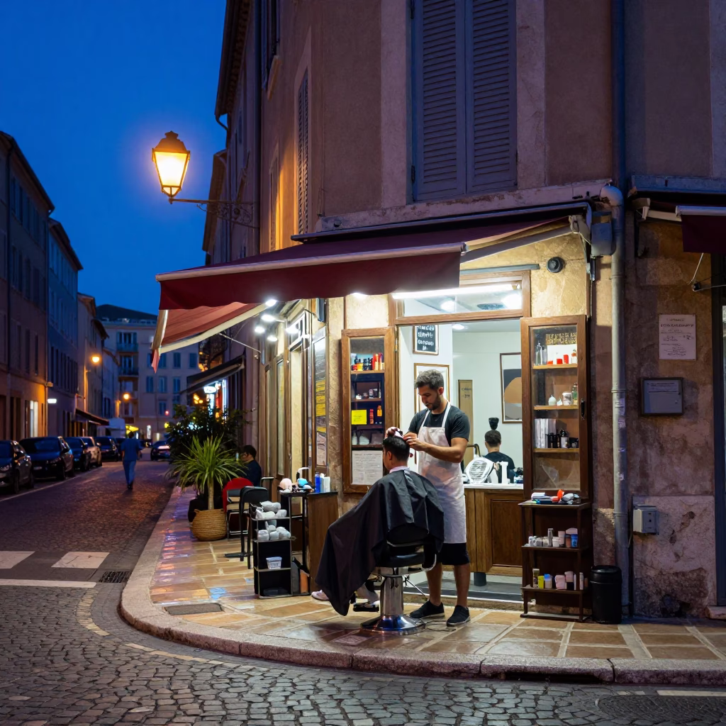 Vibrant Marseille Street Scene at Indigo Twilight with Open-Air Barber and Local Interaction in in Marseille, France