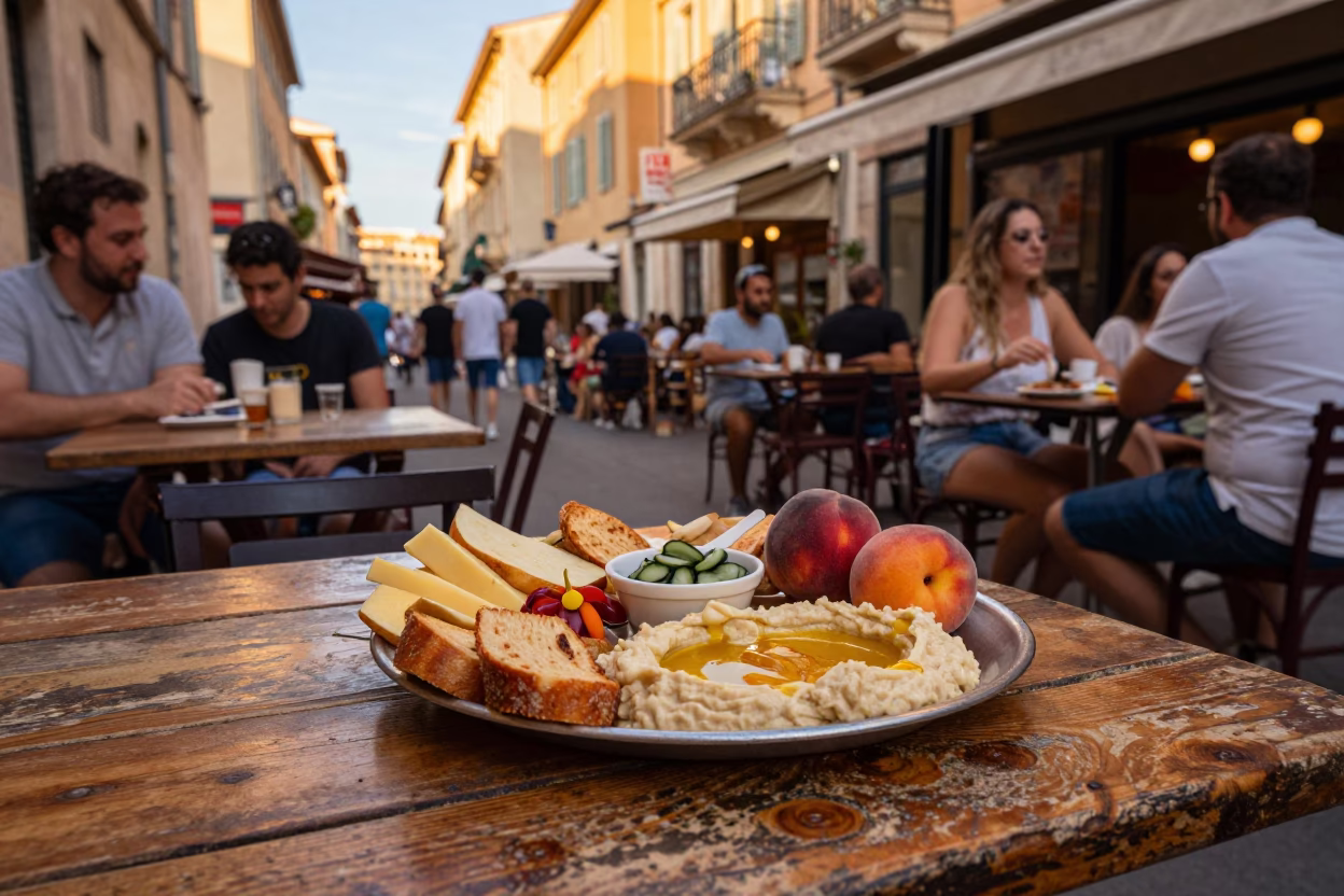 Vibrant Marseille Street Scene with Mezze Platter and Peaches in Honeyed Evening Light in in Marseille, France