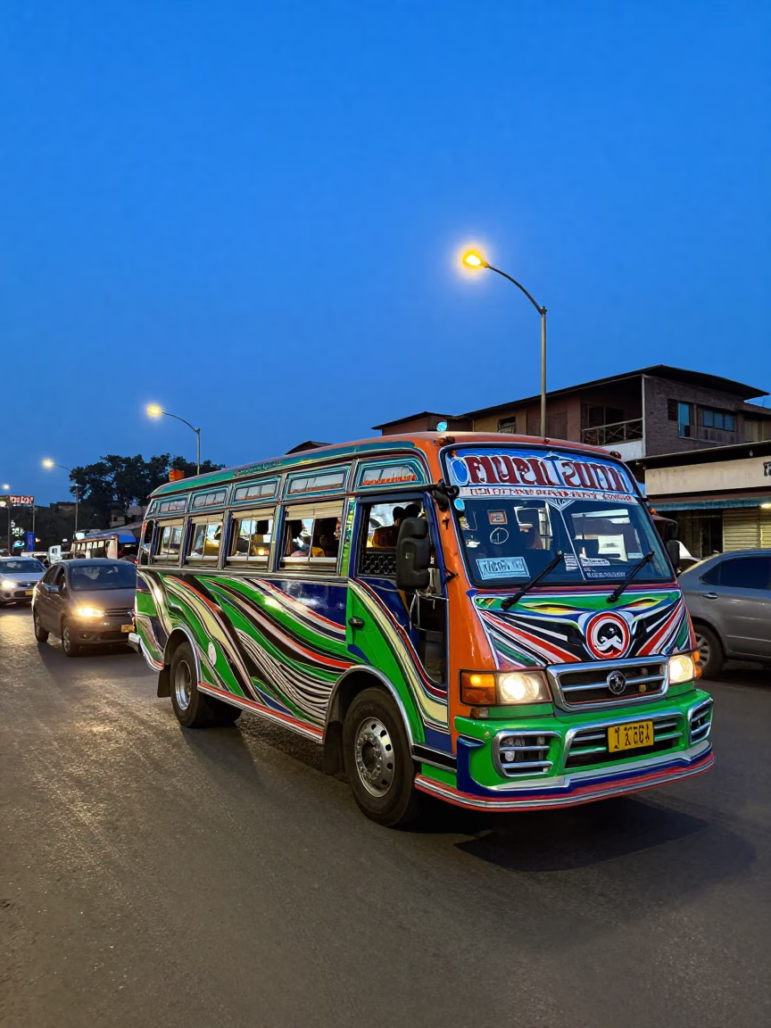 Vibrant Matatu Minibus in Nairobi Traffic During Indigo Twilight After Sunset in in Nairobi, Kenya