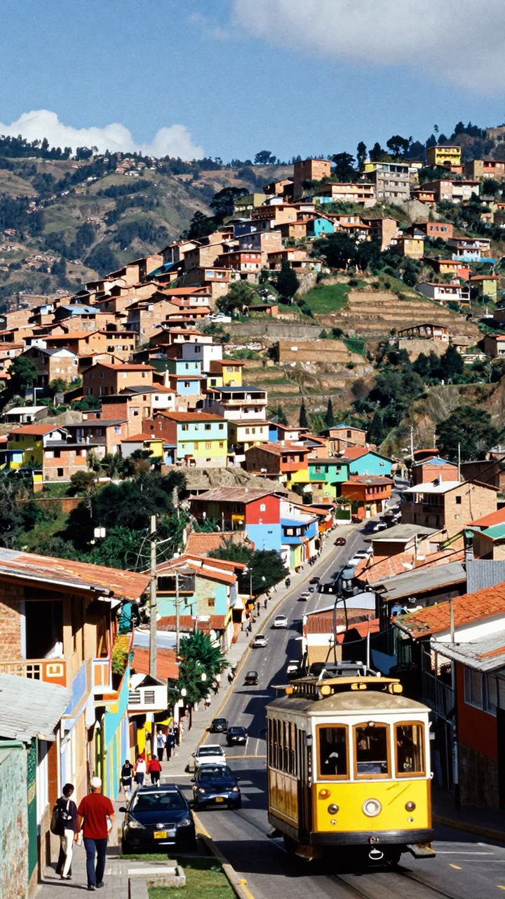 Vibrant Medellin Colombia Cable Car Over Colorful Hillsides in Bright Midmorning Light in in Medellin, Colombia
