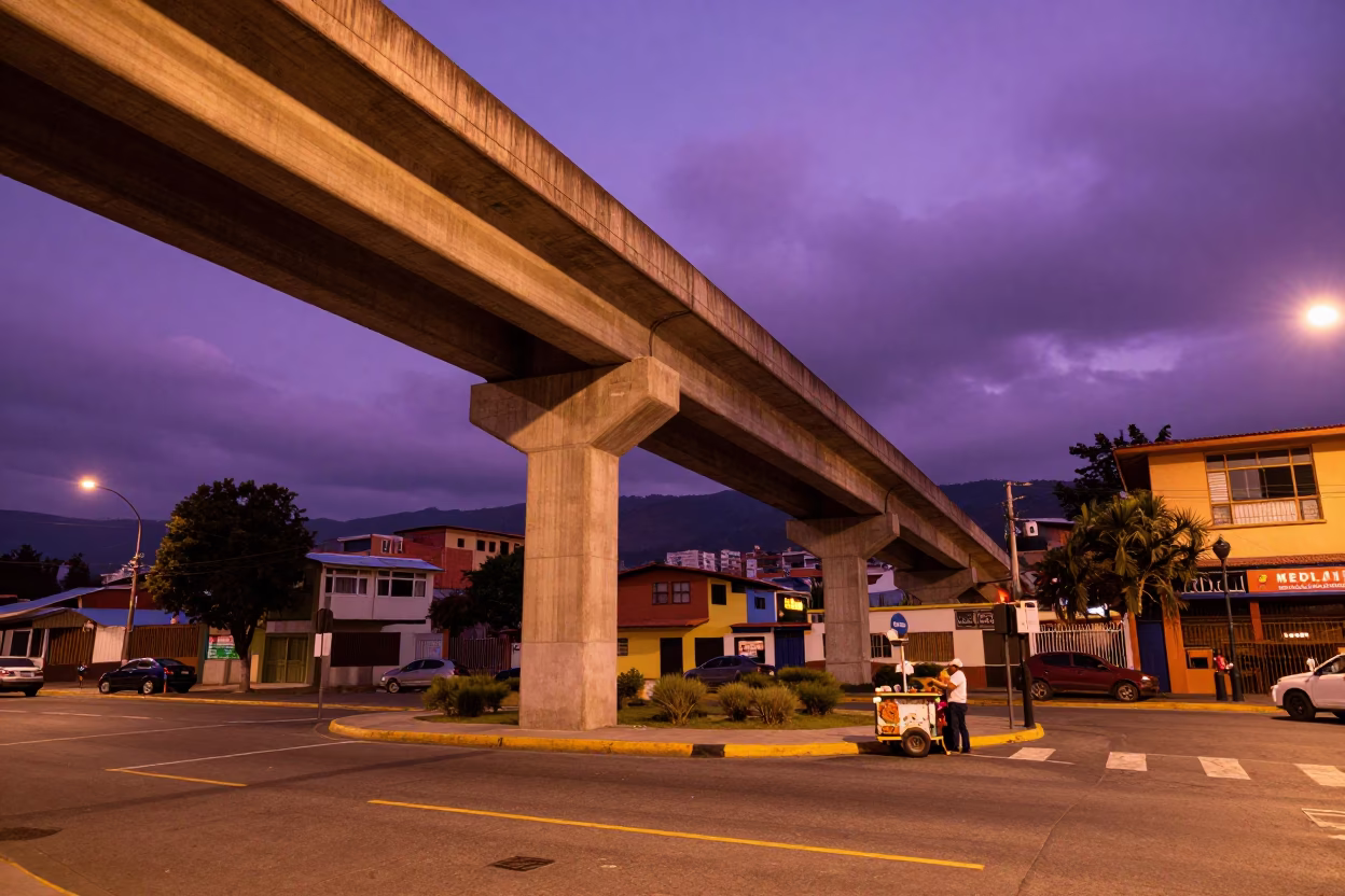 Vibrant Medellin Colombia Overpass Ramp Against Violet Evening Sky with Street Life in in Medellin, Colombia