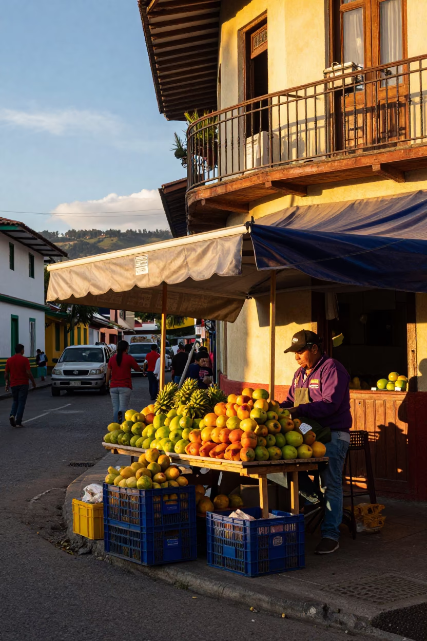 Vibrant Medellin Colombia Street Scene at Golden Hour with Fruit Vendor and Local Activity in in Medellin, Colombia