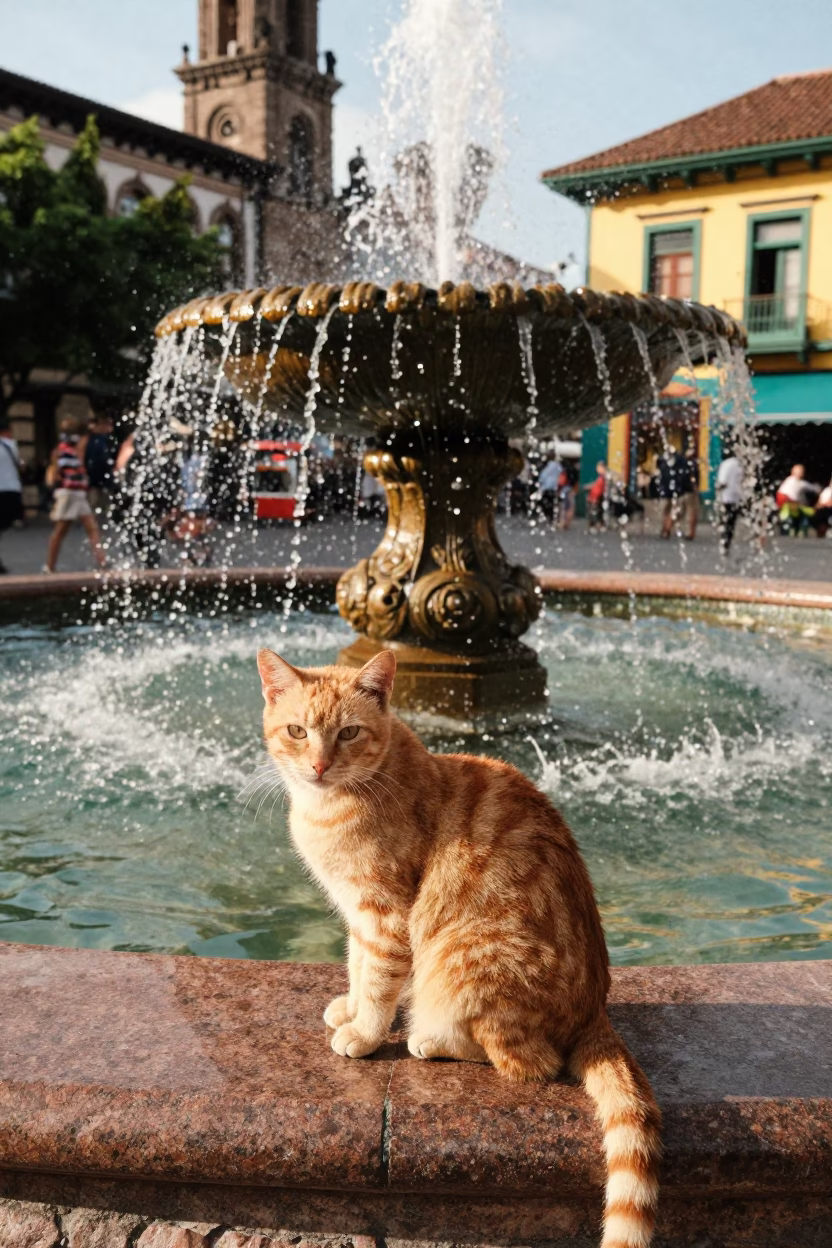 Vibrant Medellin Plaza Fountain and Orange Cat in Early Afternoon Light in in Medellin, Colombia