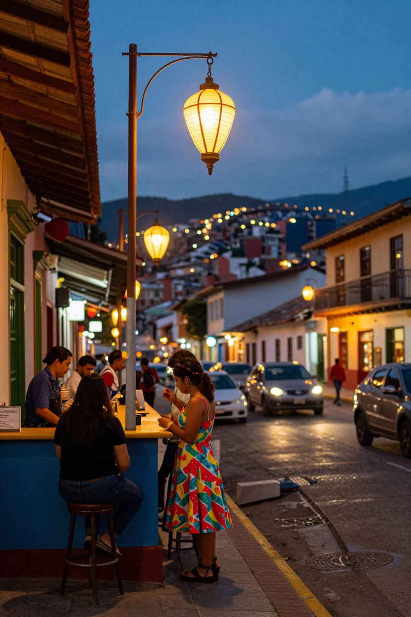Vibrant Medellin Street Scene at Dusk with Lantern and Beaded Sandals in in Medellin, Colombia