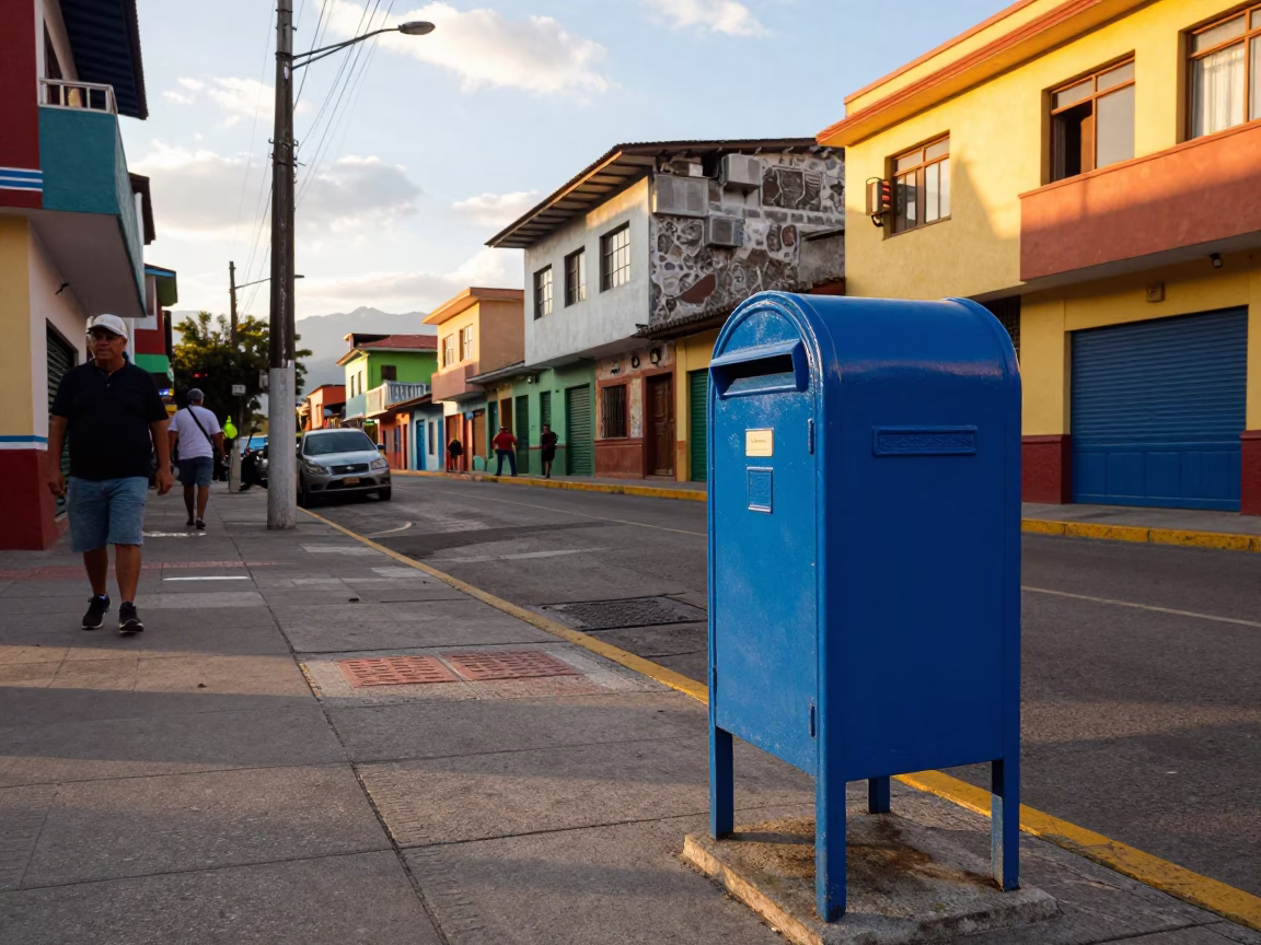 Vibrant Medellin Street Scene at Golden Hour with Colorful Mailbox and Urban Details in in Medellin, Colombia