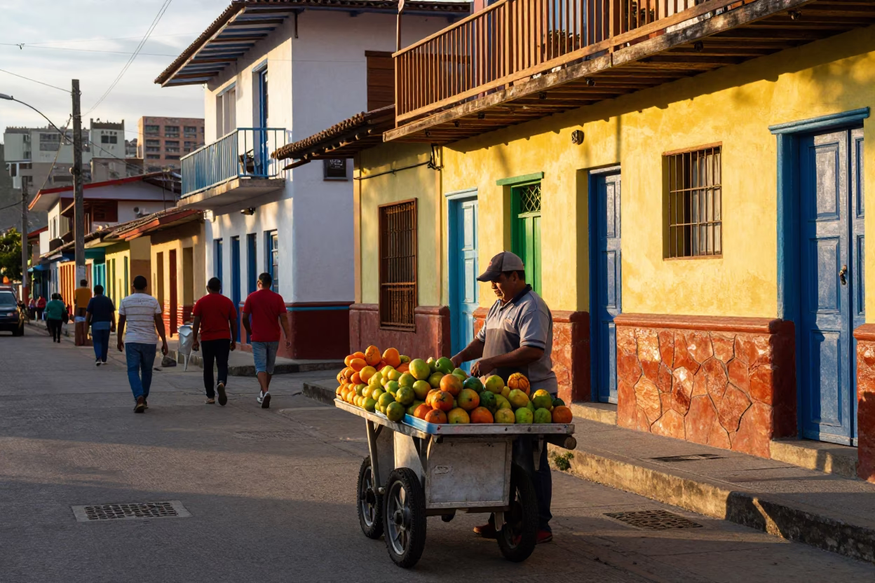 Vibrant Medellin Street Scene at Golden Hour with Local Vendor and Colorful Umbrellas in in Medellin, Colombia