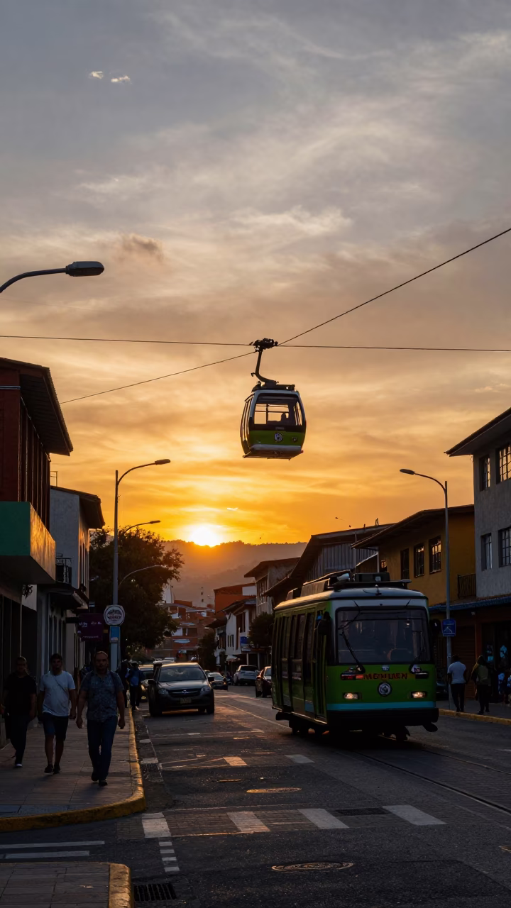 Vibrant Medellin Street Scene at Sunset with Cable Cars and Local Commerce in in Medellin, Colombia