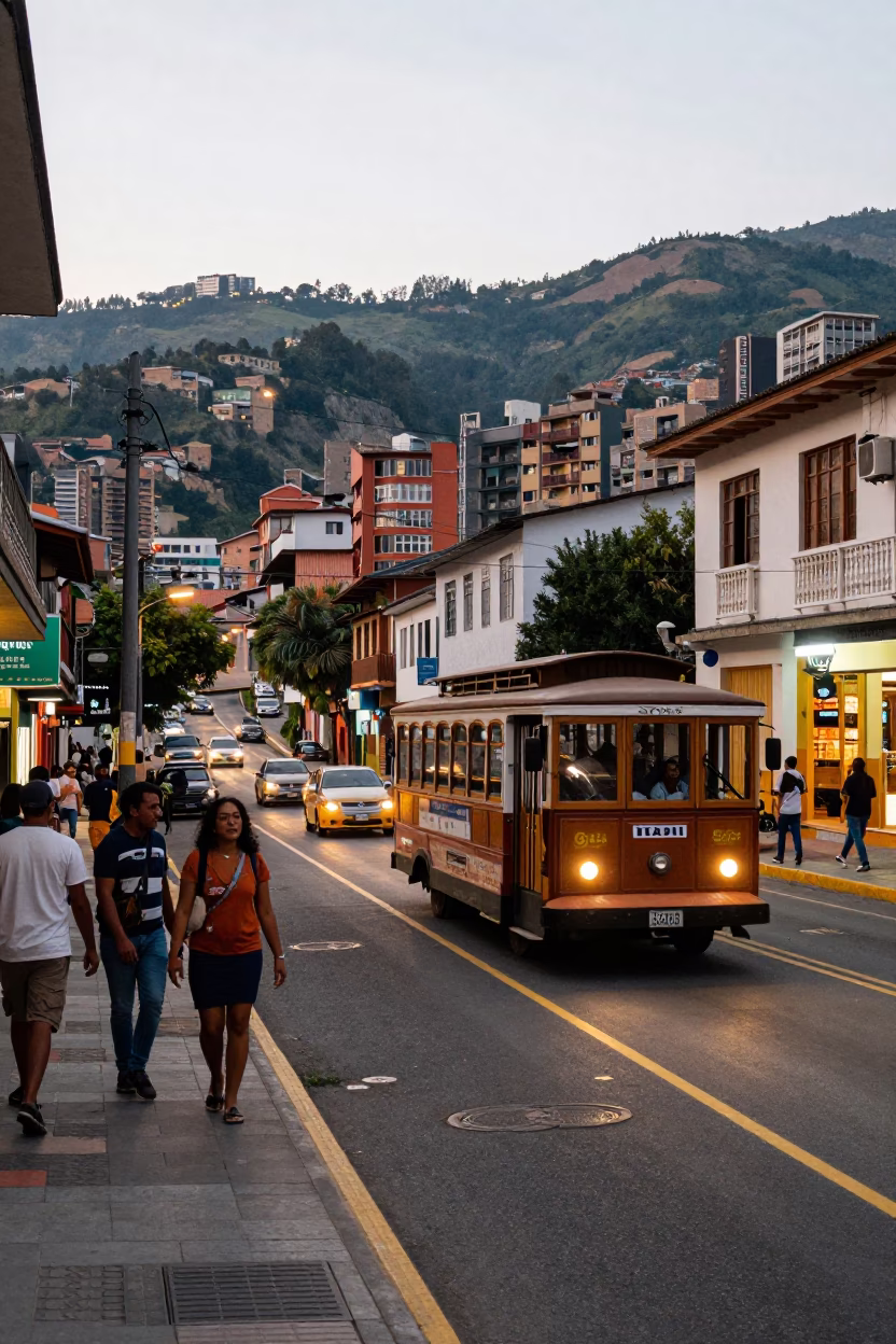 Vibrant Medellin Street Scene with Cable Car and Classic Bus at Dusk in in Medellin, Colombia