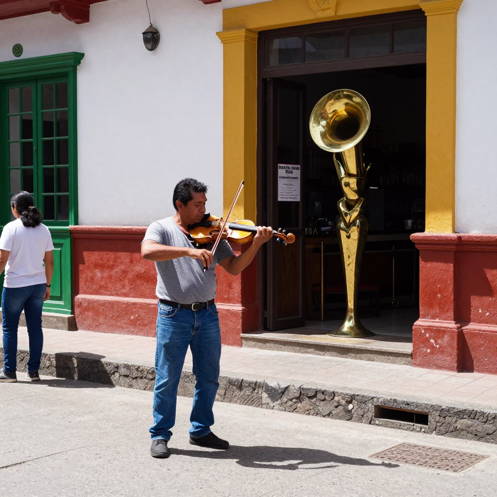 Vibrant Medellin Street Scene with Violin Player and Brass Runner in 1980s Colombia in in Medellin, Colombia