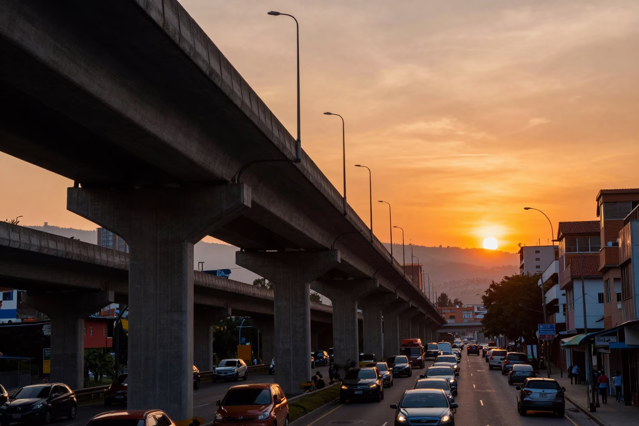 Vibrant Medellin Sunset Highway Flyover Stack Over Busy Street Market in in Medellin, Colombia