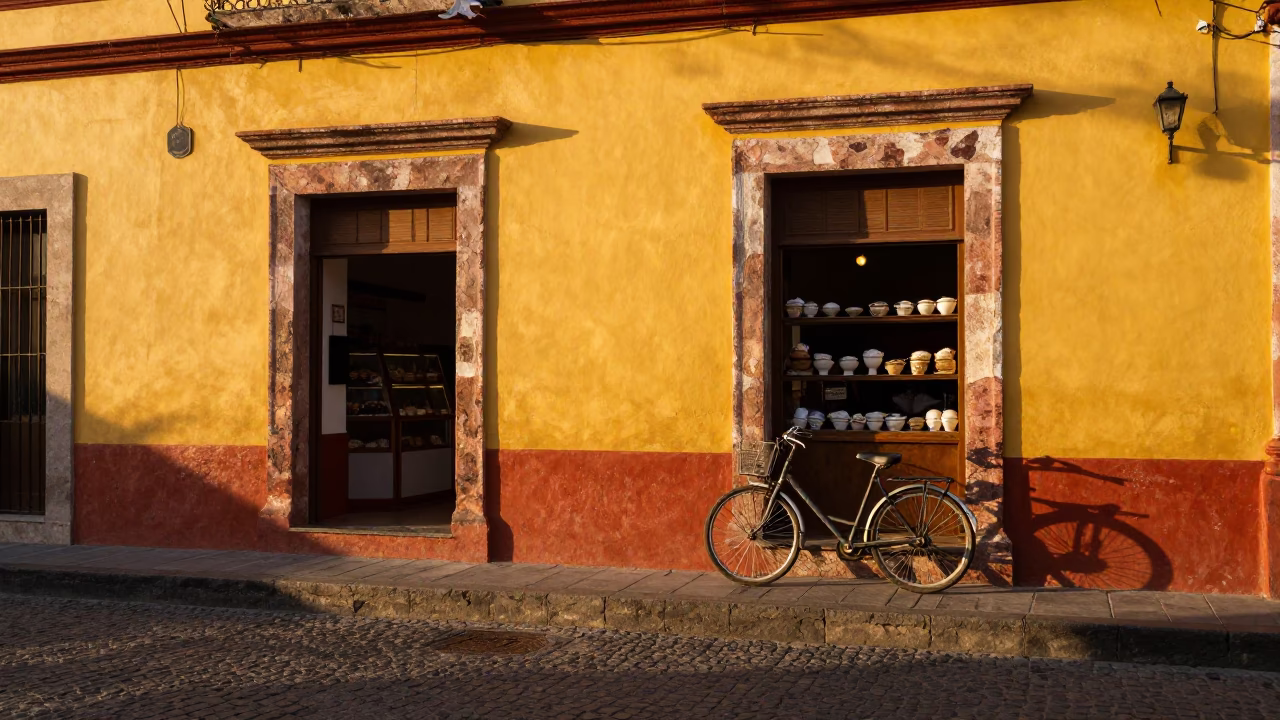 Vibrant Merida Mexico Evening Street Scene with Bicycle and Bakery in in Merida, Mexico