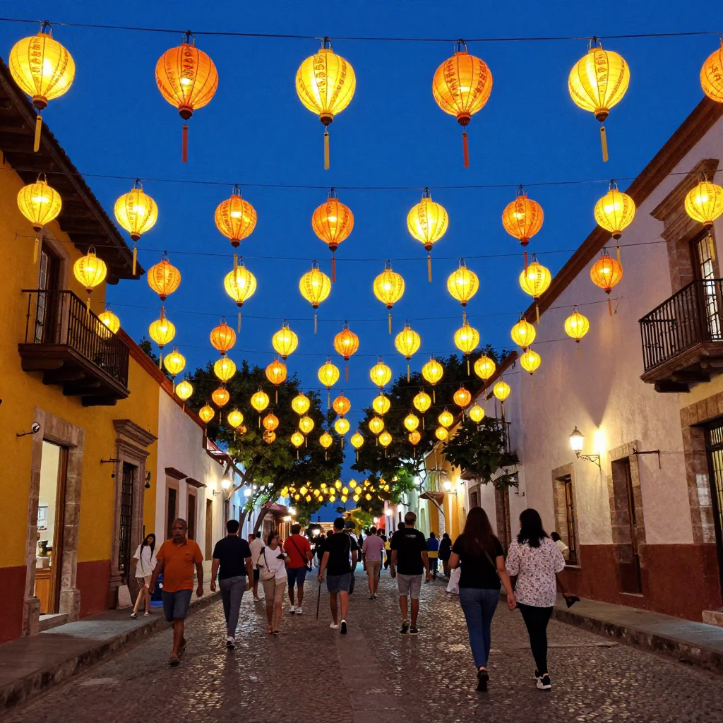 Vibrant Merida Mexico Evening Street Scene with Night Market Lanterns and Local Activity in in Merida, Mexico
