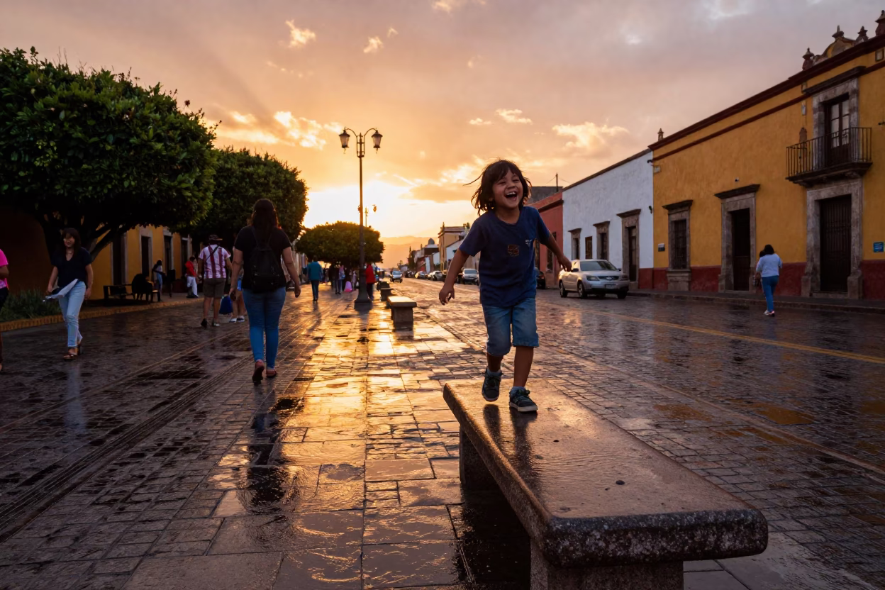 Vibrant Merida Mexico Street Scene at Sunset with Reflections and Local Color in in Merida, Mexico