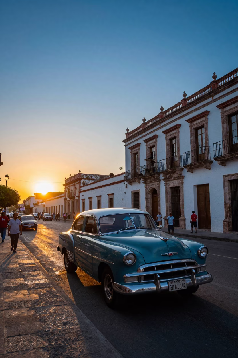 Vibrant Merida Mexico Street Scene at Sunset with Vintage Car and Local Life in in Merida, Mexico