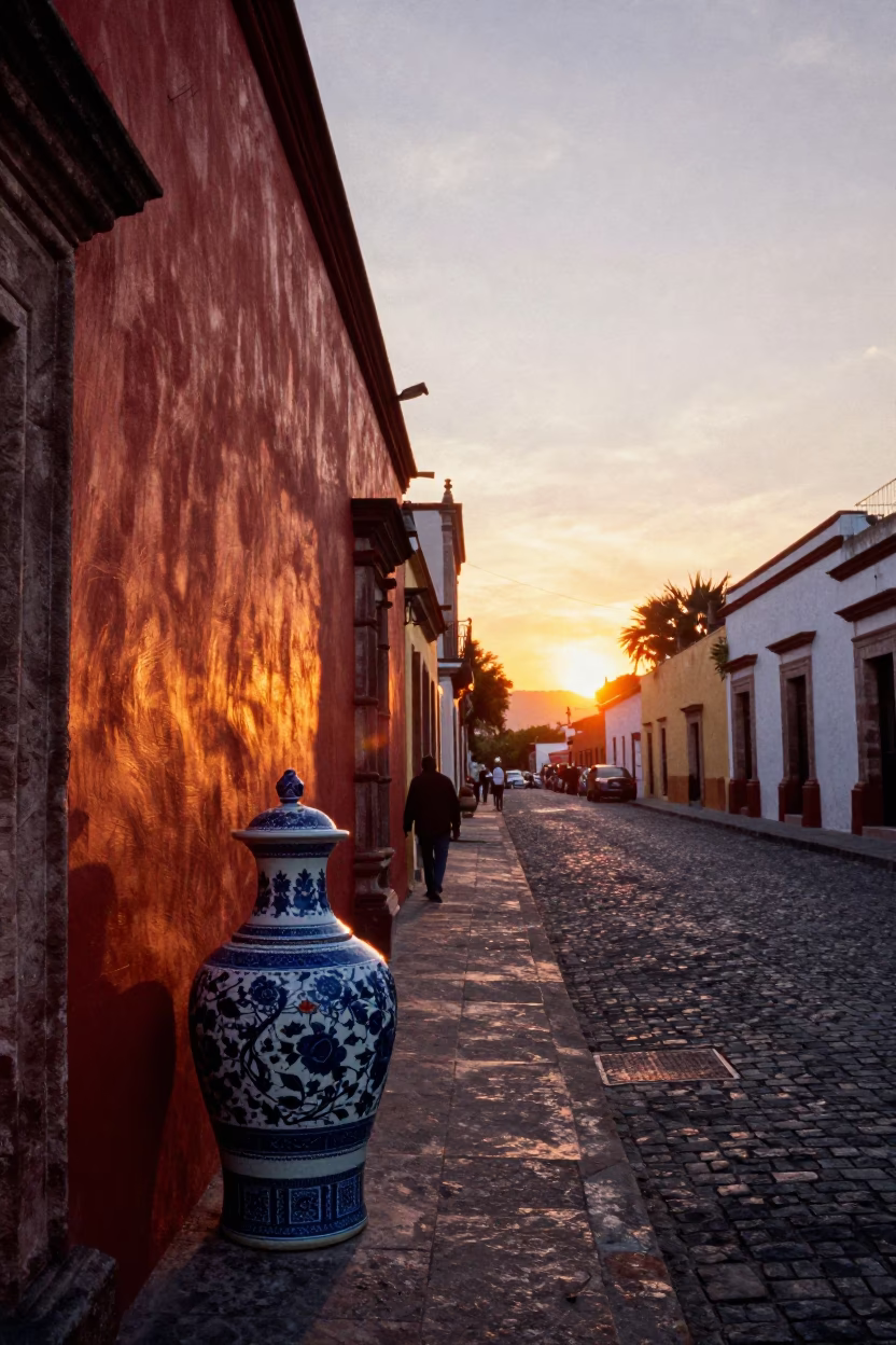 Vibrant Merida Mexico Sunset Street Scene with Blue Porcelain Jar and Local Life in in Merida, Mexico