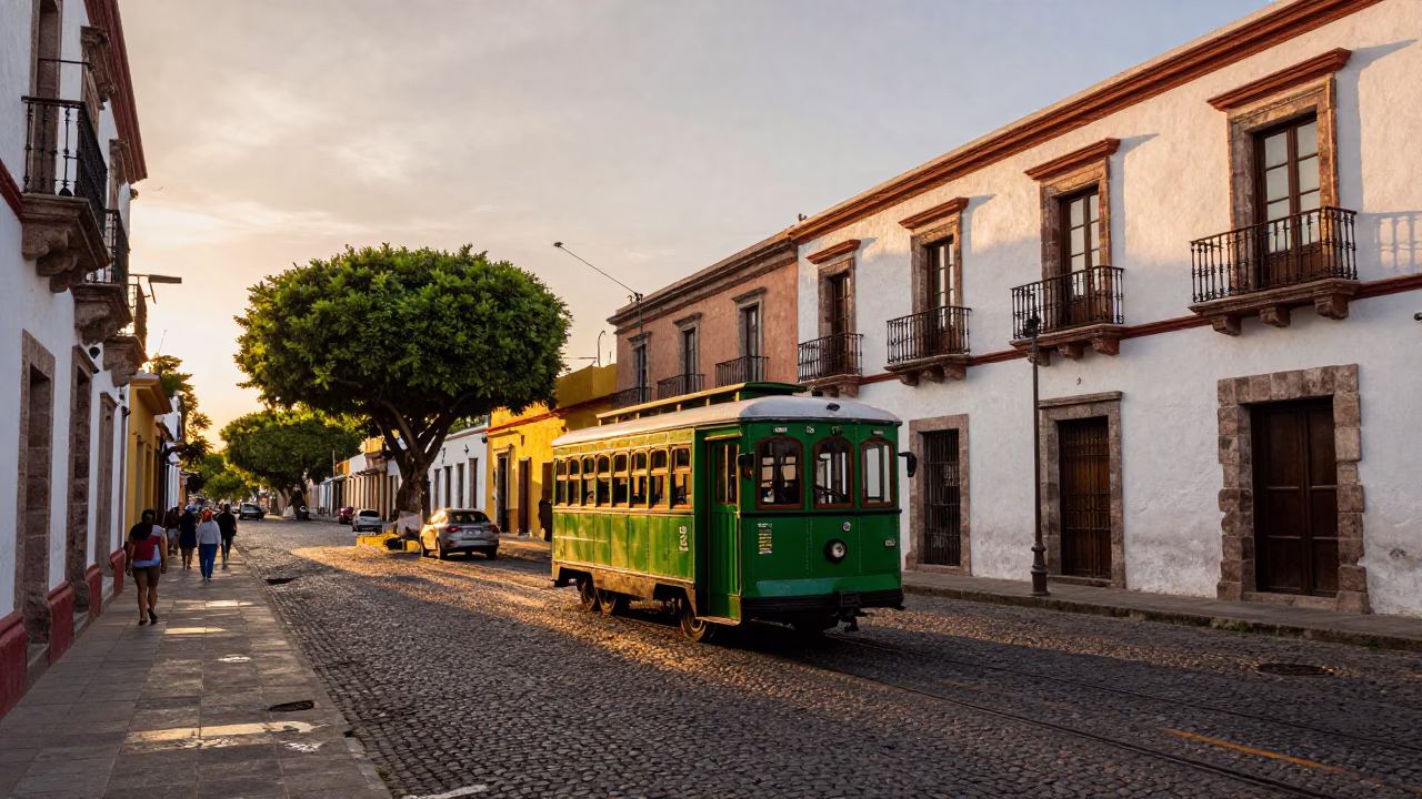 Vibrant Merida Mexico Sunset Street Scene with Vintage Trolley and Colonial Architecture in in Merida, Mexico