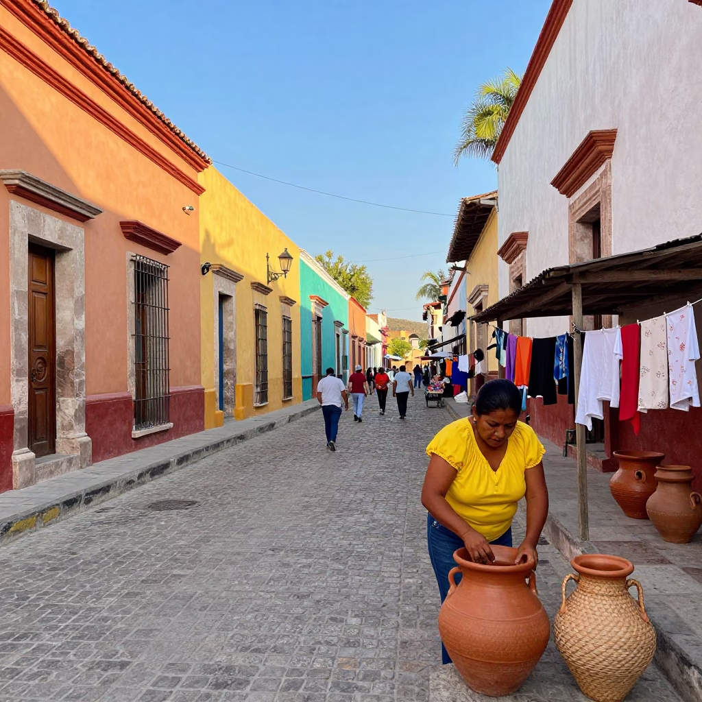 Vibrant Merida Street Scene with Clay Pots and Laundry Basket in Late Afternoon Light in in Merida, Mexico