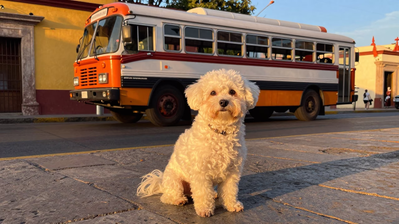 Vibrant Merida Street Scene with Volpino Italiano in Honeyed Evening Light in in Merida, Mexico