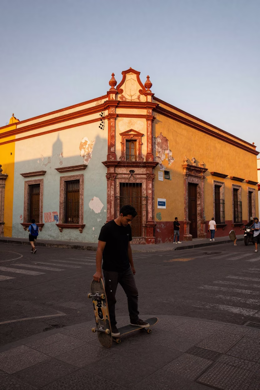 Vibrant Mexico City Evening Street Scene with Skateboarder and Colorful Architecture in in Mexico City, Mexico