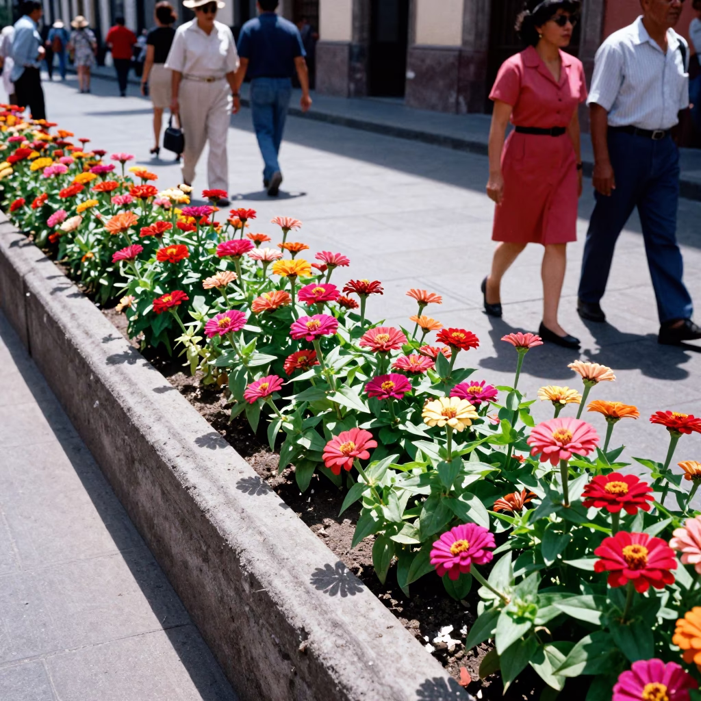 Vibrant Mexico City Midday Street Scene with Colorful Zinnias and Local Market Activity in in Mexico City, Mexico