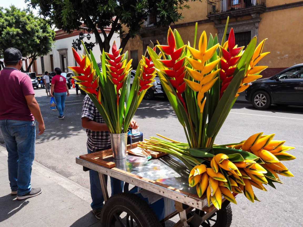 Vibrant Mexico City Midday Street Scene with Heliconia Flowers and Brushed Steel Reflections in in Mexico City, Mexico