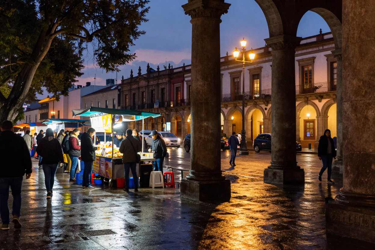 Vibrant Mexico City Street Scene at Dusk with Food Vendors and University Arcades in in Mexico City, Mexico