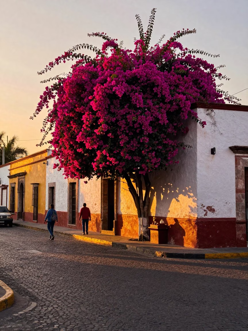Vibrant Mexico City Street Scene at Sunset with Bougainvillea and Local Life in in Mexico City, Mexico