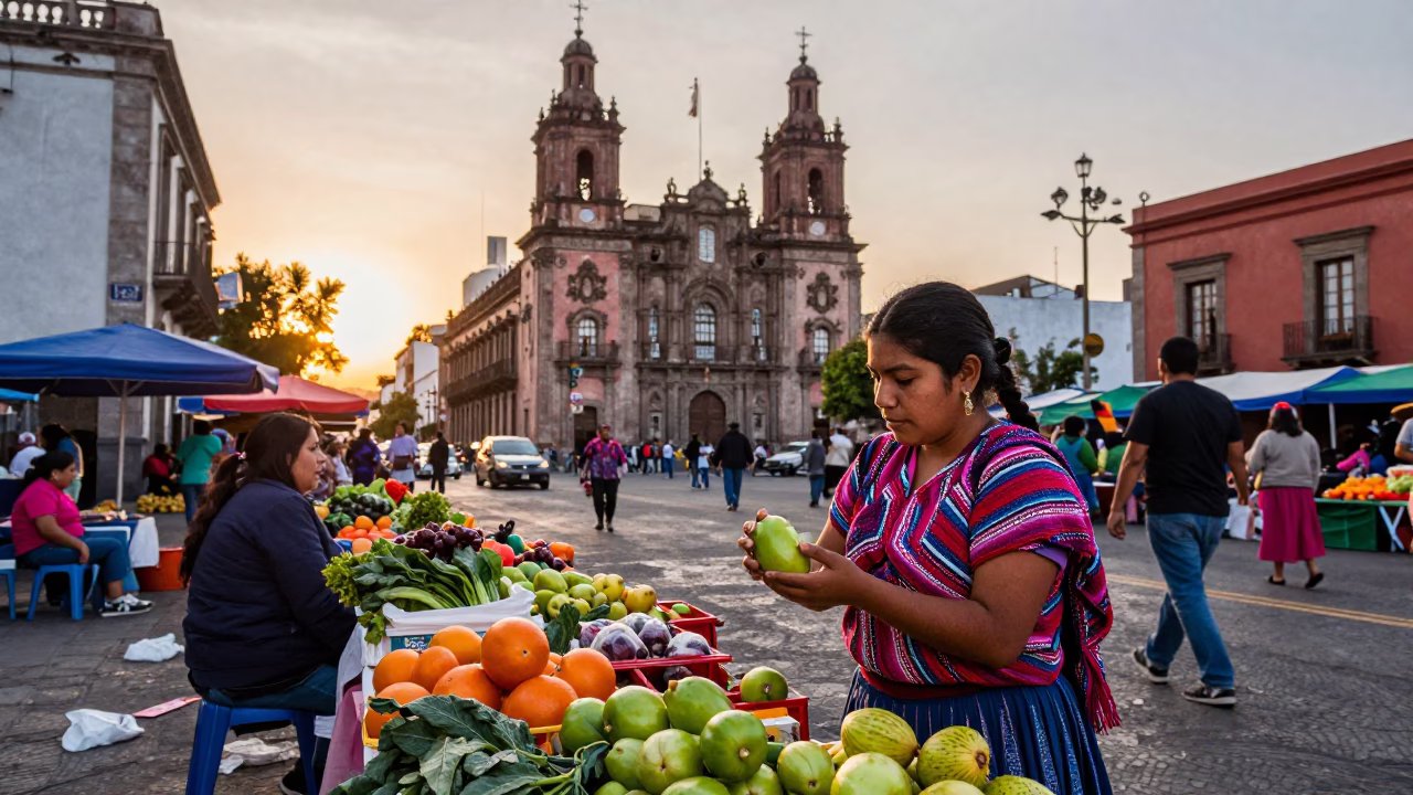 Vibrant Mexico City Street Scene at Sunset with Local Market Activity in in Mexico City, Mexico