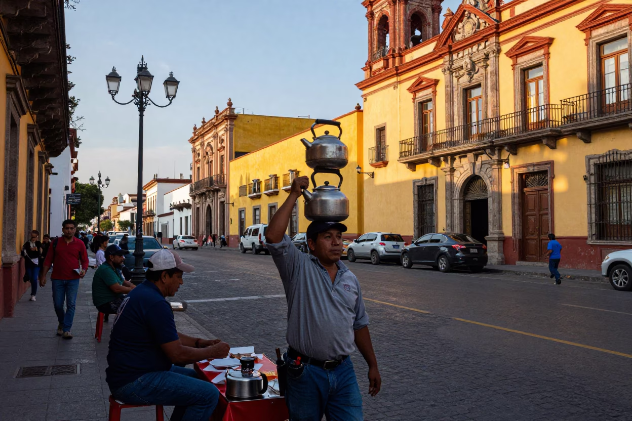 Vibrant Mexico City Street Scene Early Afternoon with Stovetop Kettle in in Mexico City, Mexico