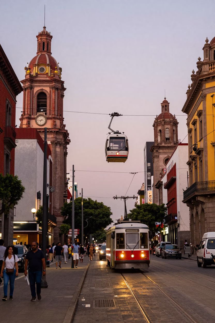 Vibrant Mexico City Street Scene Early Evening with Tramway and Local Life in in Mexico City, Mexico