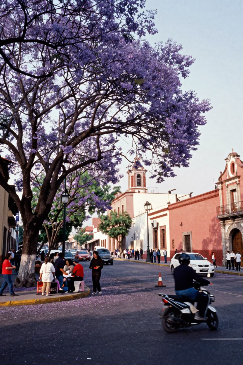 Vibrant Mexico City Street Scene with Jacaranda Tree in Late Morning Light in in Mexico City, Mexico