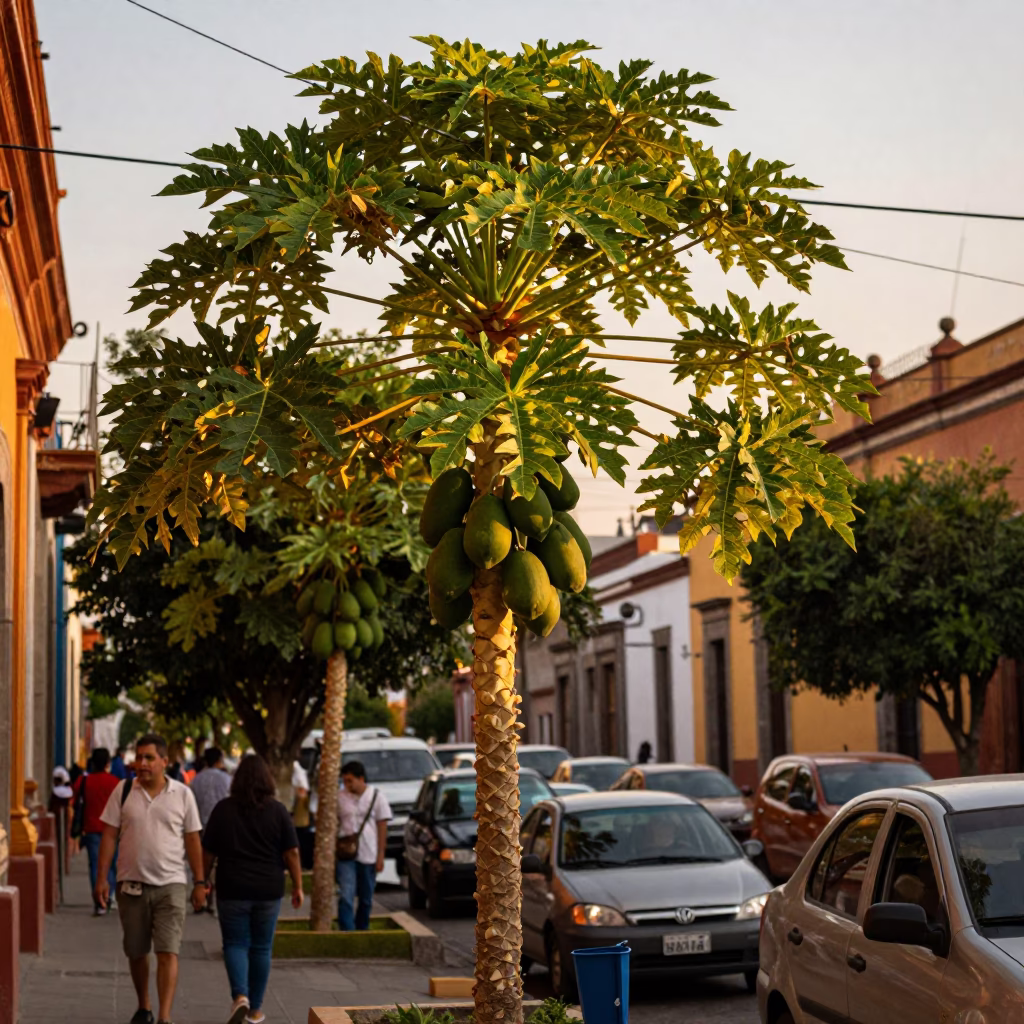 Vibrant Mexico City Street Scene with Papaya Tree and Cable Car in Evening Light in in Mexico City, Mexico