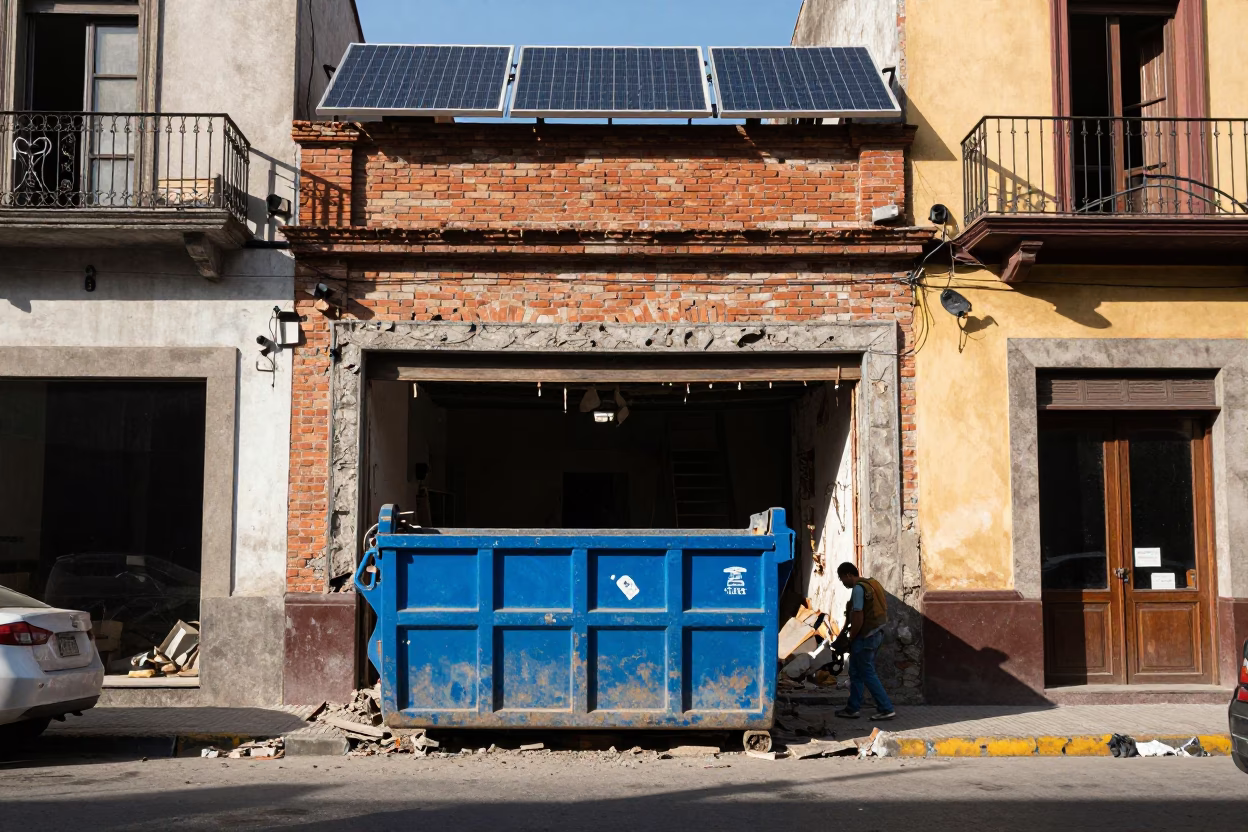 Vibrant Mexico City Street Scene with Solar Panels and Demolition in Late Afternoon Light in in Mexico City, Mexico